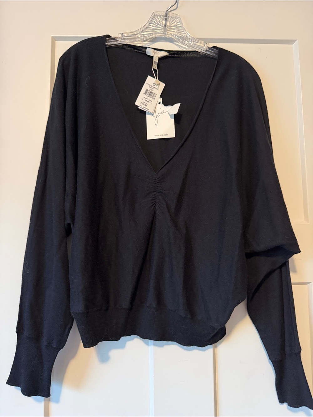 Joie Black V-Neck Ruched Front Lightweight Sweater